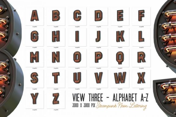 Steampunk Neon 3D Lettering View 3