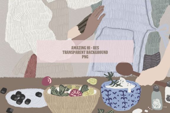 Lovely valentine couple cooking - hand-drawn illustration