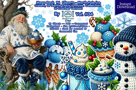 Mega Pack 96 Premium Cliparts - North Pole Ice Cream, At Santa Claus's House. Collection In Crochet Version