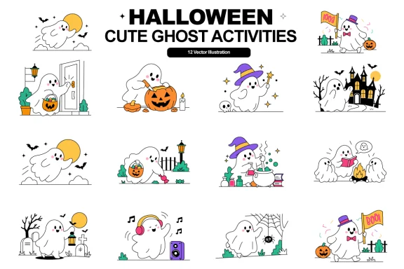 12 Halloween Ghost Activities Vector Illustration