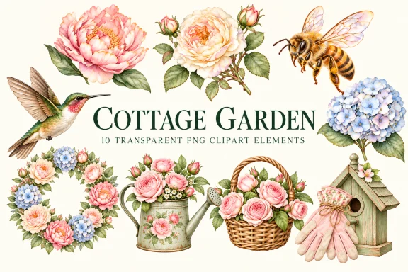 Cottage Garden Watercolor Clipart | 10 Transparent PNGs