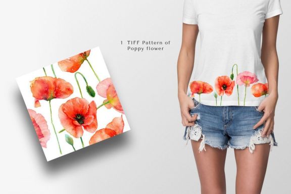 Watercolor Red Poppy Flowers