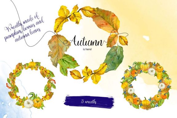 Watercolor Autumn Fruits & Fall Leaves