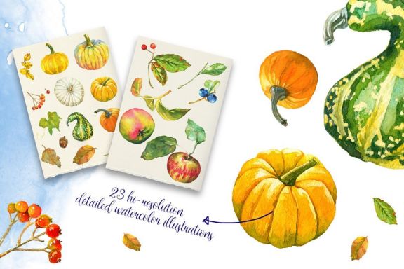 Watercolor Autumn Fruits & Fall Leaves