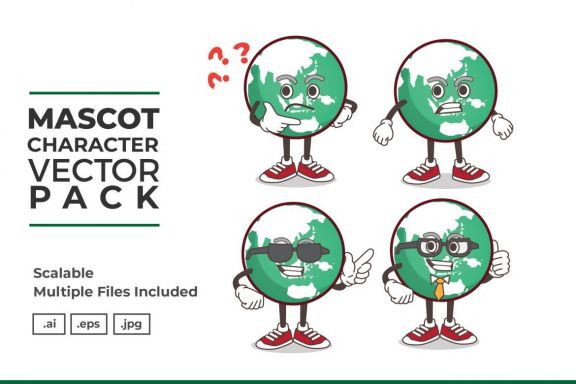 Earth Globe Mascot & Sticker Character Vector Pack 
