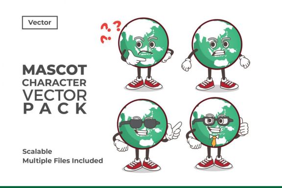 Earth Globe Mascot & Sticker Character Vector Pack 