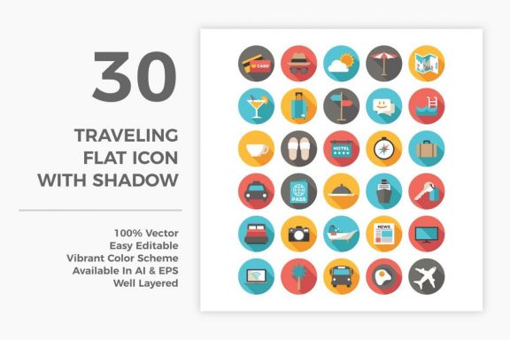 30 Traveling Flat Icons With Shadow