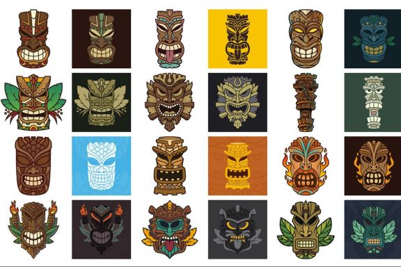Tiki Head Illustrations Set