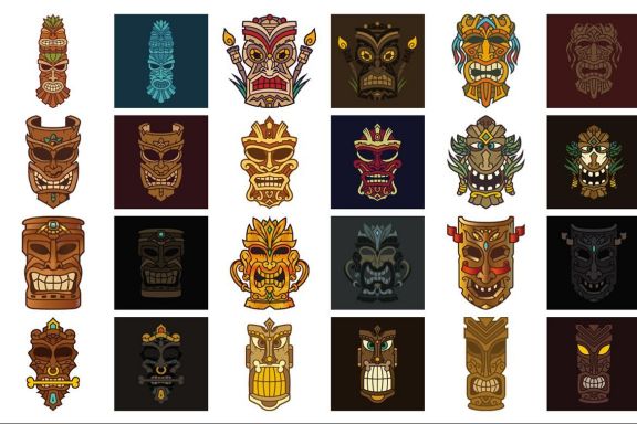 Tiki Head Illustrations Set