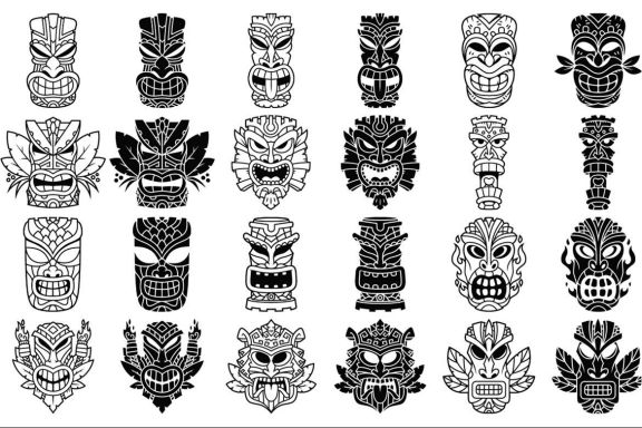Tiki Head Illustrations Set