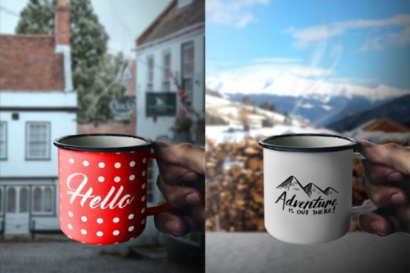 Hand holding Enamel Mug – Mockup