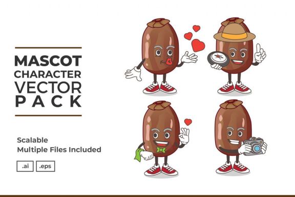 Date Palm Fruit Mascot & Sticker Character Vector Pack 