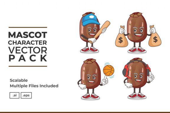 Date Palm Fruit Mascot & Sticker Character Vector Pack 