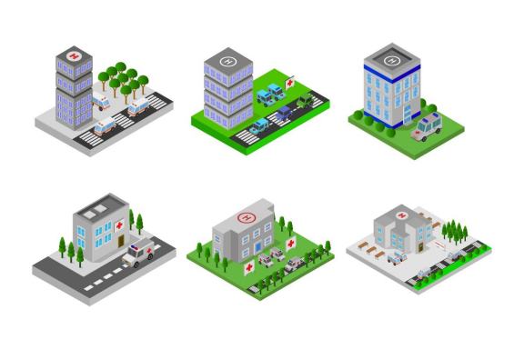 6 isometric buildings set - Hospital 4