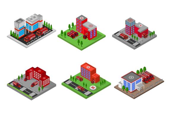 6 isometric buildings set - fire station 1
