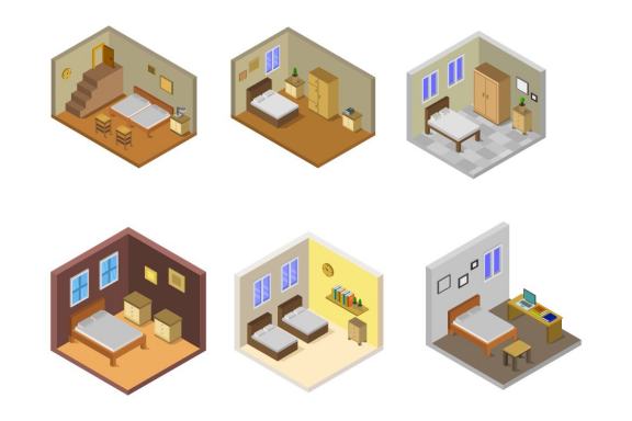 6 isometric interior set - bedroom 3