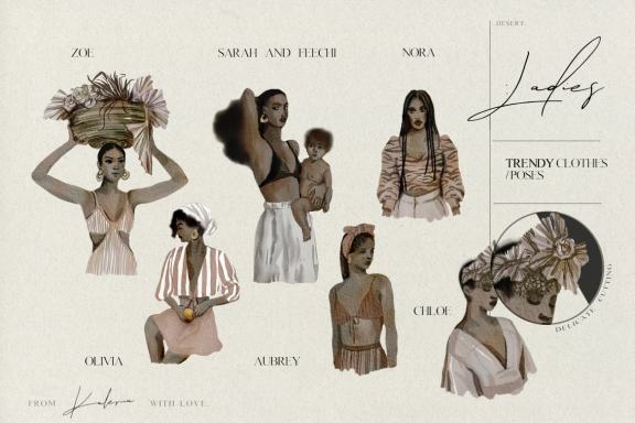 Watercolor women of color - trendy summer set 