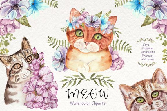 Watercolor Cats and Flowers | Deeezy