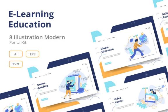 E-Learning Education set Illustration