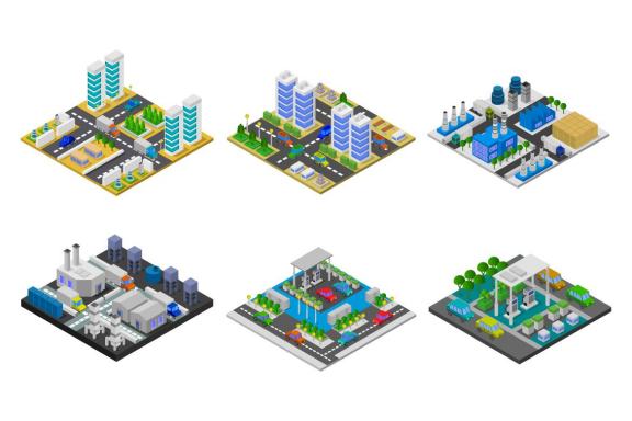 6 isometric buildings set - various 28