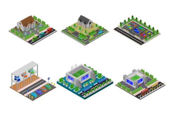 6 isometric buildings set - various 31