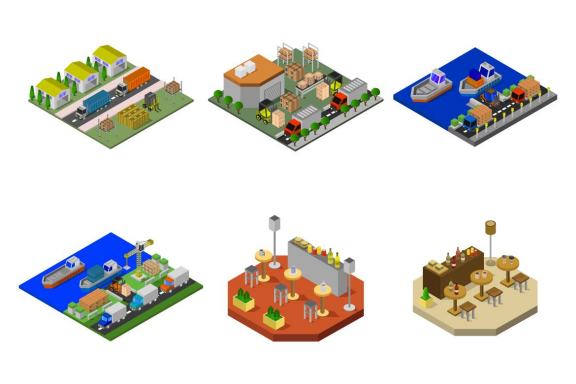 6 isometric urban illustrations - various 3
