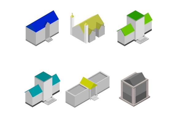 6 isometric buildings set - various 32