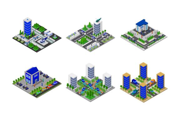 6 isometric buildings set - various 35