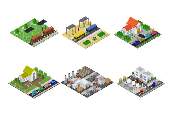 6 isometric buildings set - various 36