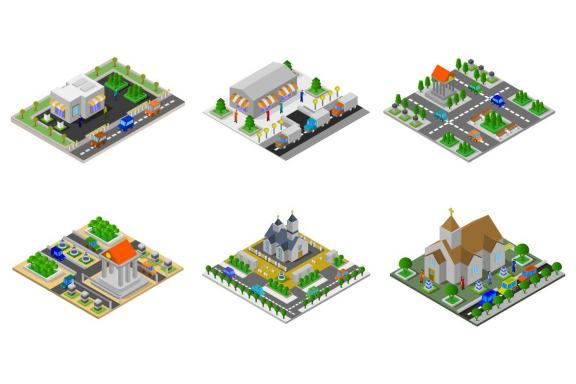 6 isometric buildings set - various 37