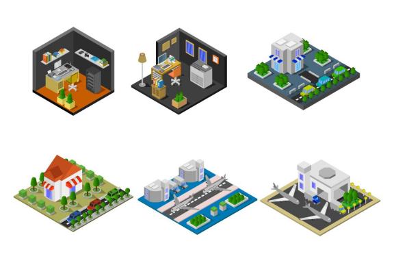 6 isometric buildings set - various 38