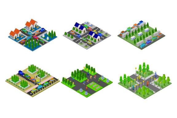 6 isometric buildings set - various 39