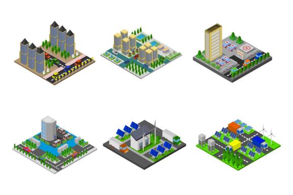 6 isometric buildings set - various 40