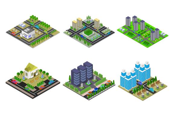 6 isometric buildings set - various 42