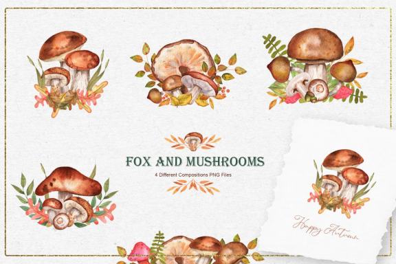 Fox and Mushrooms Watercolor Set