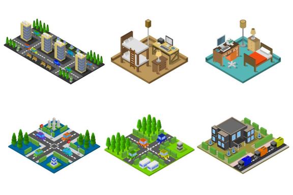 6 isometric buildings set - various 43