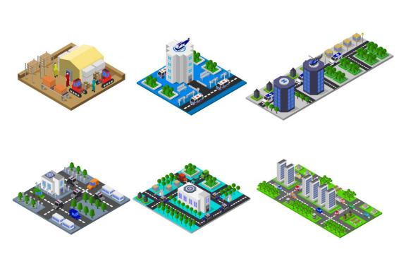 6 isometric buildings set - various 44
