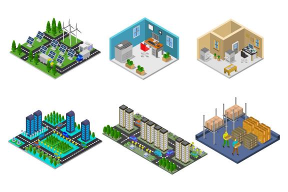 6 isometric buildings set - various 45