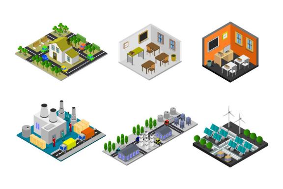 6 isometric buildings set - various 46