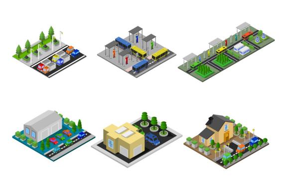 6 isometric buildings set - various 47