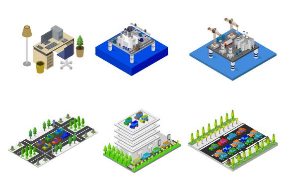 6 isometric buildings set - various 48