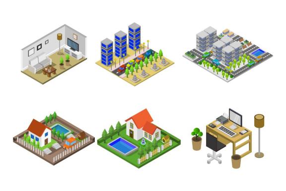 6 isometric buildings set - various 49