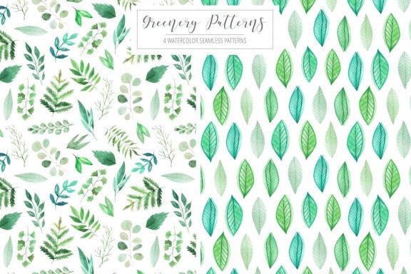 4 Watercolor Greenery Patterns Graphic