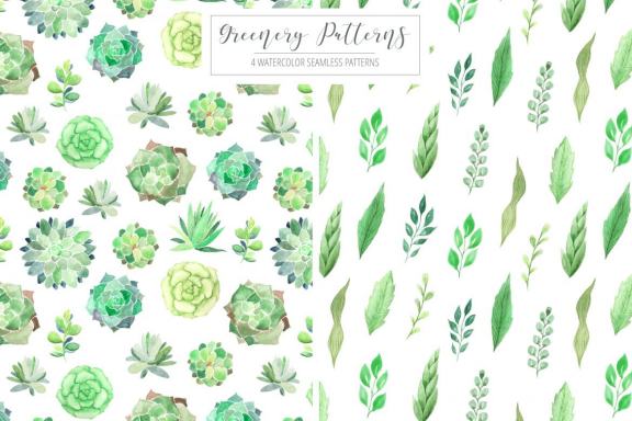4 Watercolor Greenery Patterns Graphic
