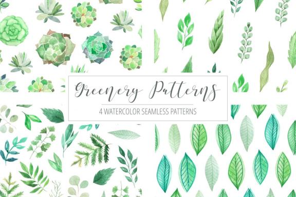 4 Watercolor Greenery Patterns Graphic