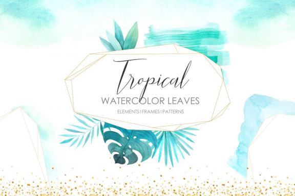 Watercolor Tropical Green Leaves and Frames clipart