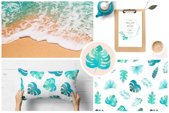 Watercolor Tropical Green Leaves and Frames clipart