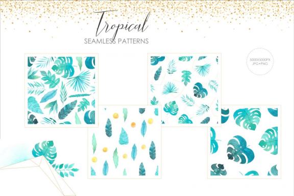 Watercolor Tropical Green Leaves and Frames clipart