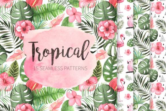 15 Watercolor Tropical Seamless Patterns Set