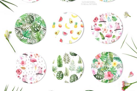 15 Watercolor Tropical Seamless Patterns Set
